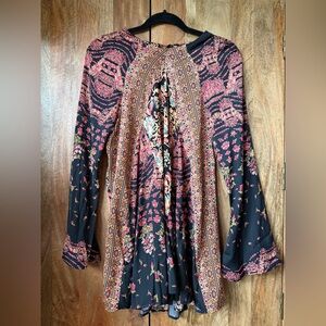 Free People Stevie Black Combo Printed Tunic Dress w/ Flowy Bell Sleeves Size S